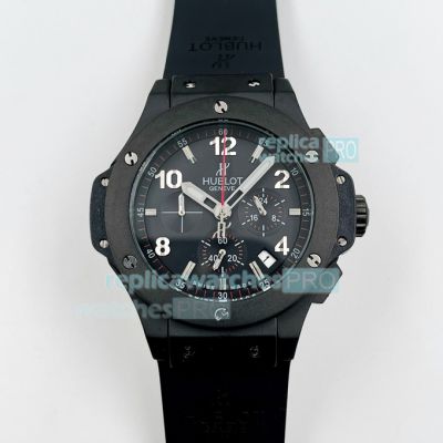 Replica Hublot Geneve Big Bang Chronograph SS Black Face Black Leather Strap